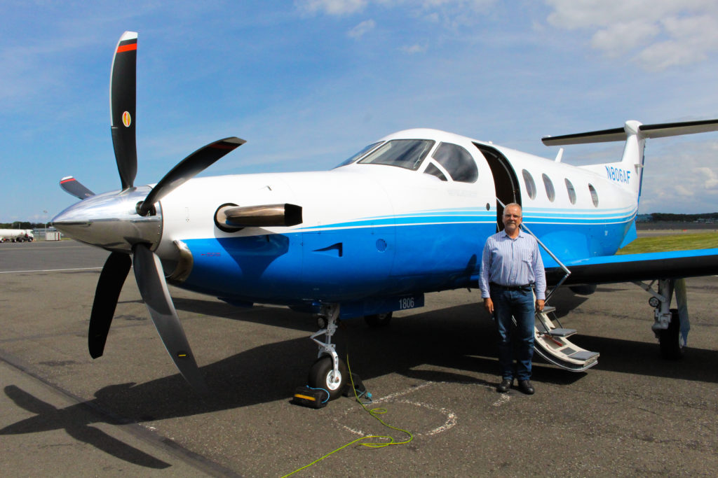 Ferry pilot, Hans Lasser with PlaneSense PC-12 in Prestwick, Scotland. 