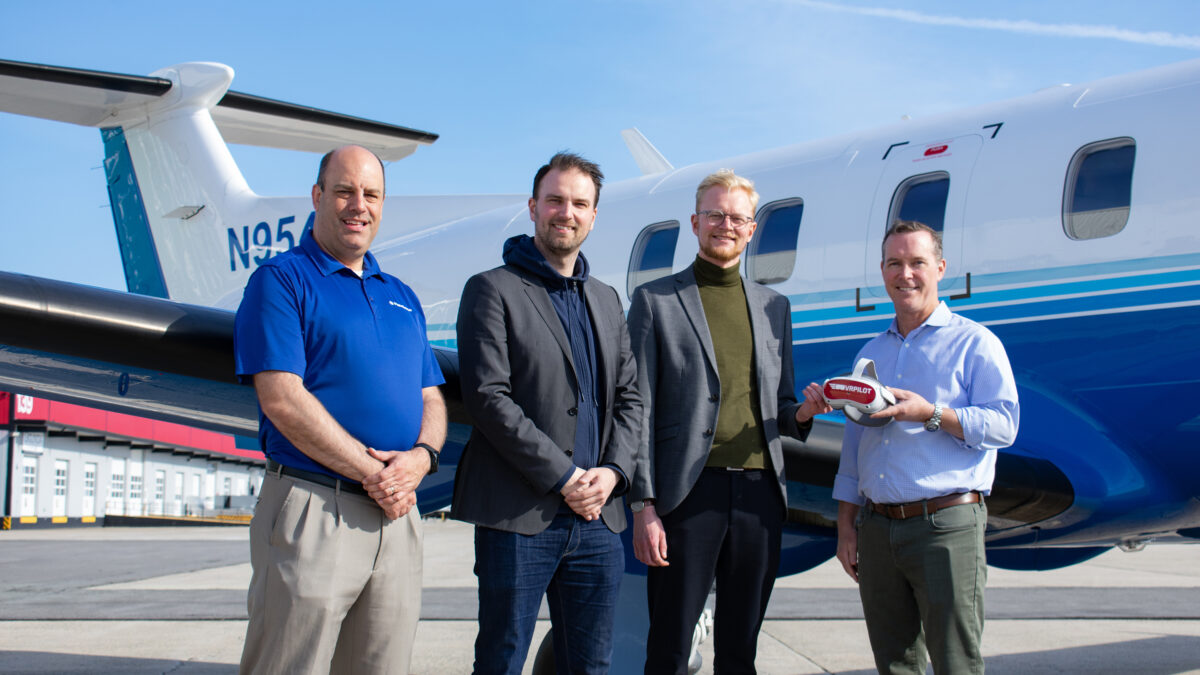 Pictured left to right: Tim Cloutier, Assistant Director of Pilot Training, PlaneSense, Inc., Daniell Maass, CEO, VRpilot, Thor Paulli Andersen, CTO, VRpilot, and Kevin Gordon, VP, Flight Operations, Planesense, Inc.